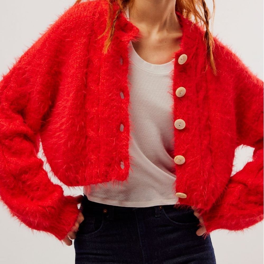 Free People Red Fuzzy Cardigan